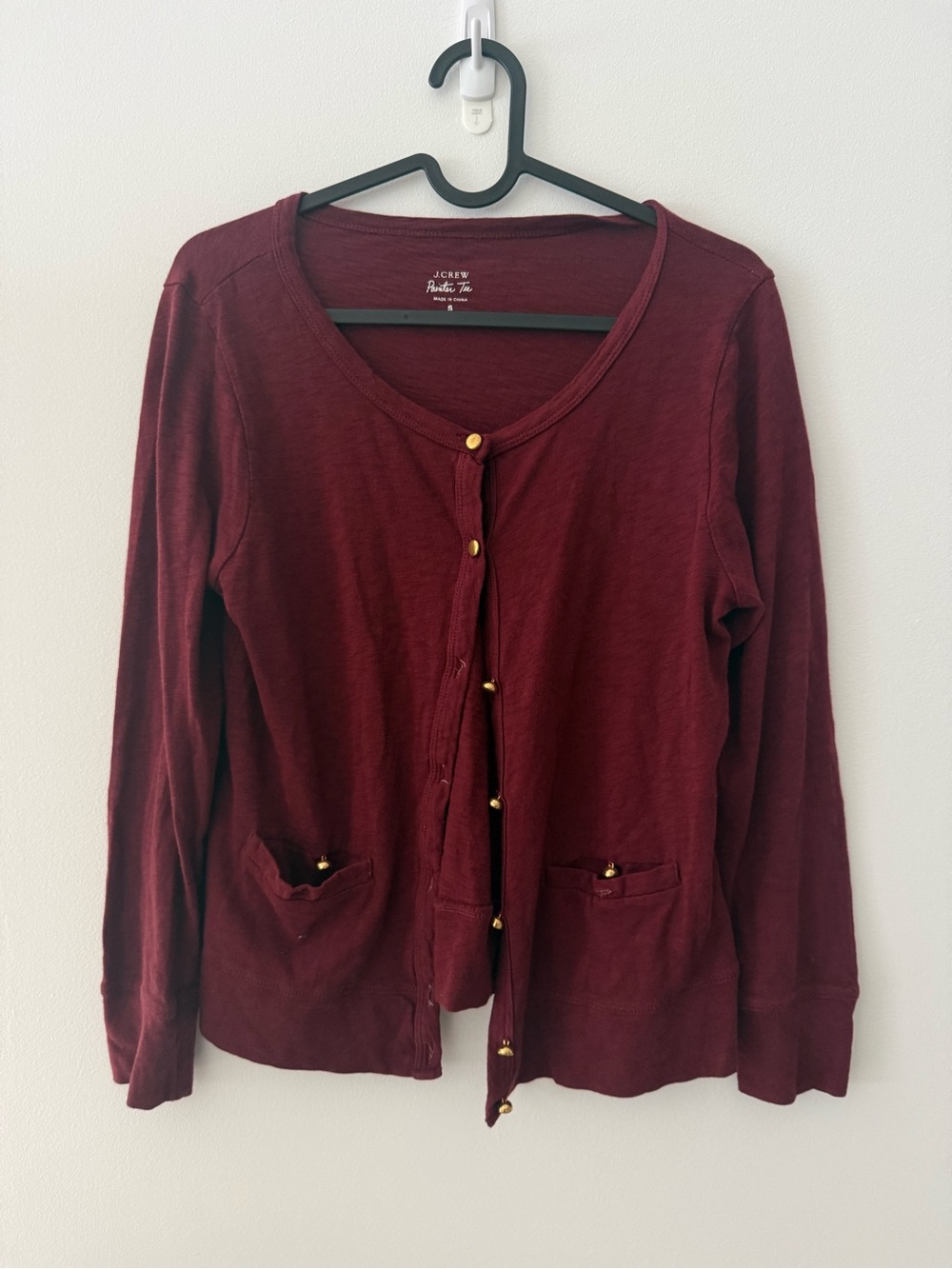 J Crew Burgundy Cardigan with Gold Buttons